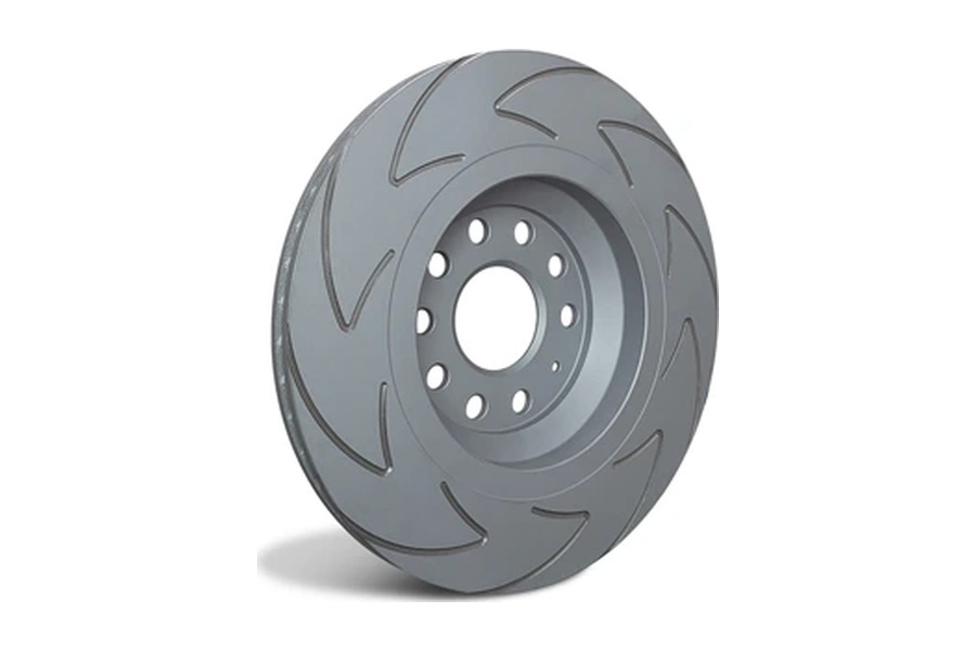 Slotted disc with a central bore and surrounding bolt holes