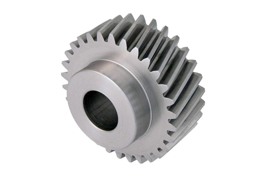 Helical gear showing angled teeth and bore geometry