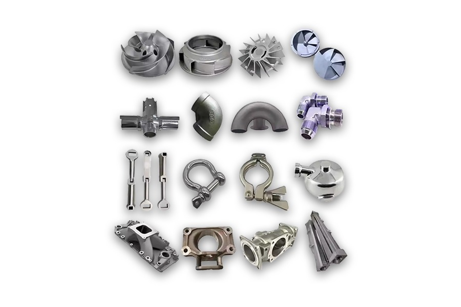 Cast mechanical components including impellers, pipe elbows, clamps, and housings
